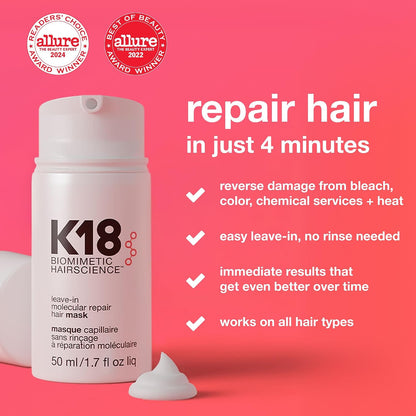 K18 Leave-In Molecular Repair Hair Mask, Patented, Lasting Repair for Dry, Frizzy, Damaged Hair, Reverse Damage in 4 Minutes from Bleach, Color, Chemical Services + Heat