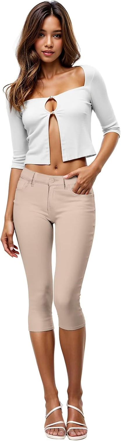 Women'S Ultra Stretch Mid Rise Skinny Capri Pants with Pockets