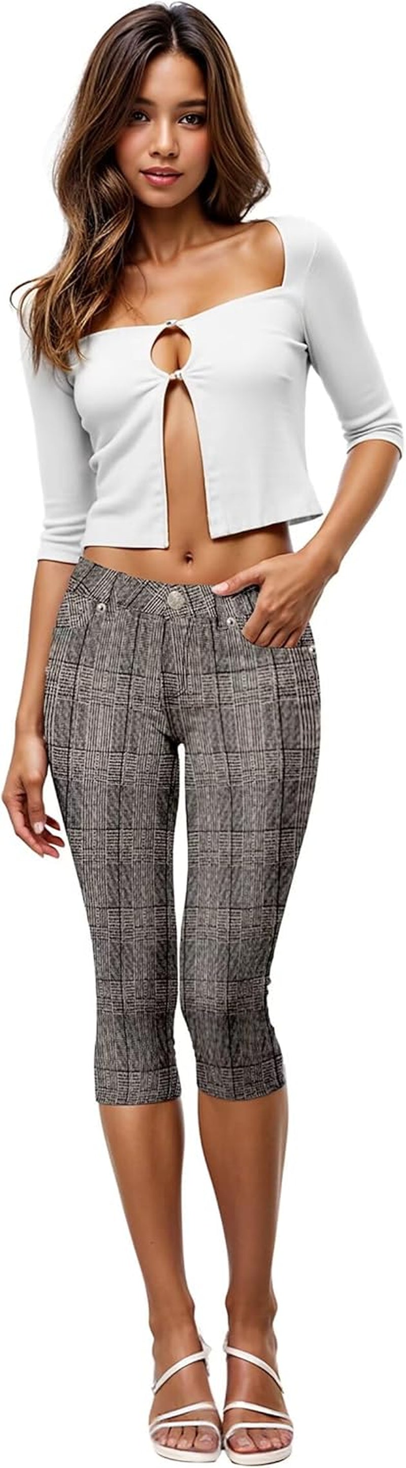Women'S Ultra Stretch Mid Rise Skinny Capri Pants with Pockets
